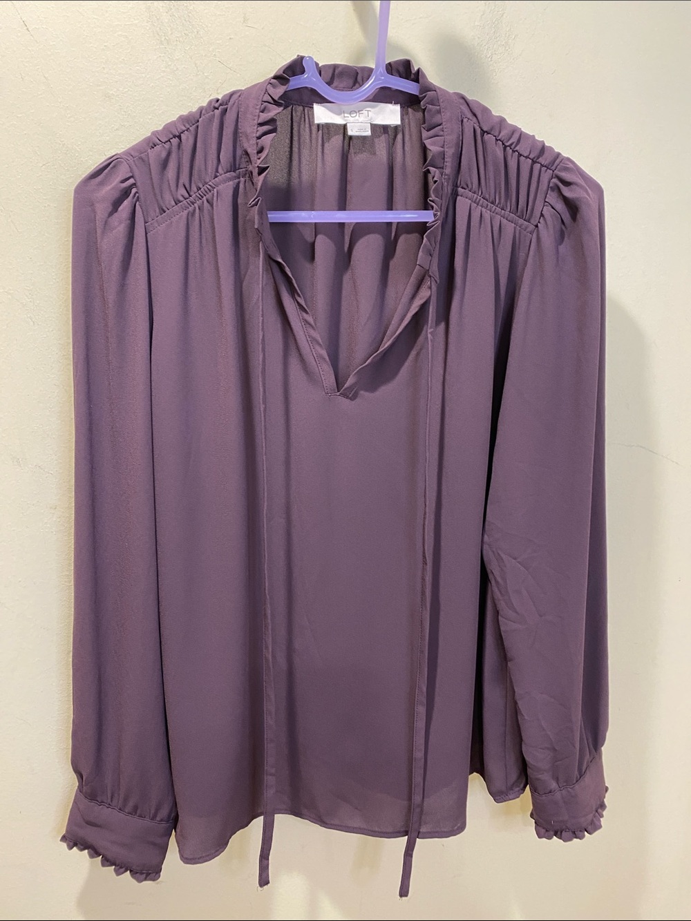 Loft Purple Ruffle-Trim Long Sleeve Blouse Sz S